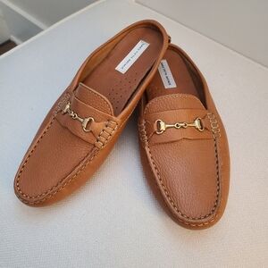 Saks Fifth Avenue Brown Leather Slip On  Mules